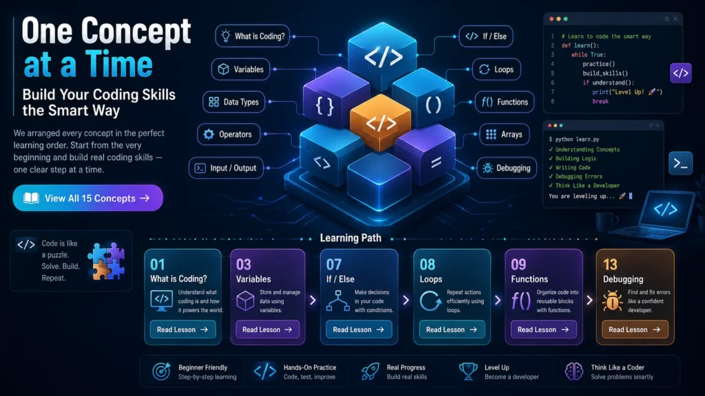 Coding concepts roadmap with variables, loops, functions, and debugging.