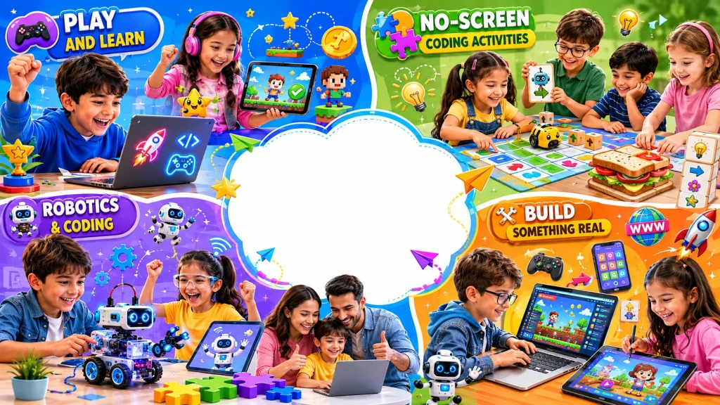 Kids learning coding through games, robotics, and hands-on activities.