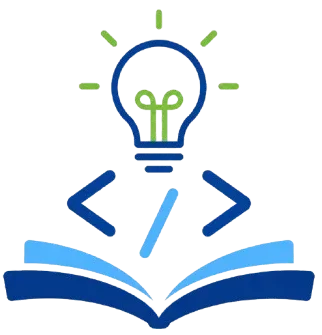 Coding education logo with lightbulb, code symbols, and open book icon